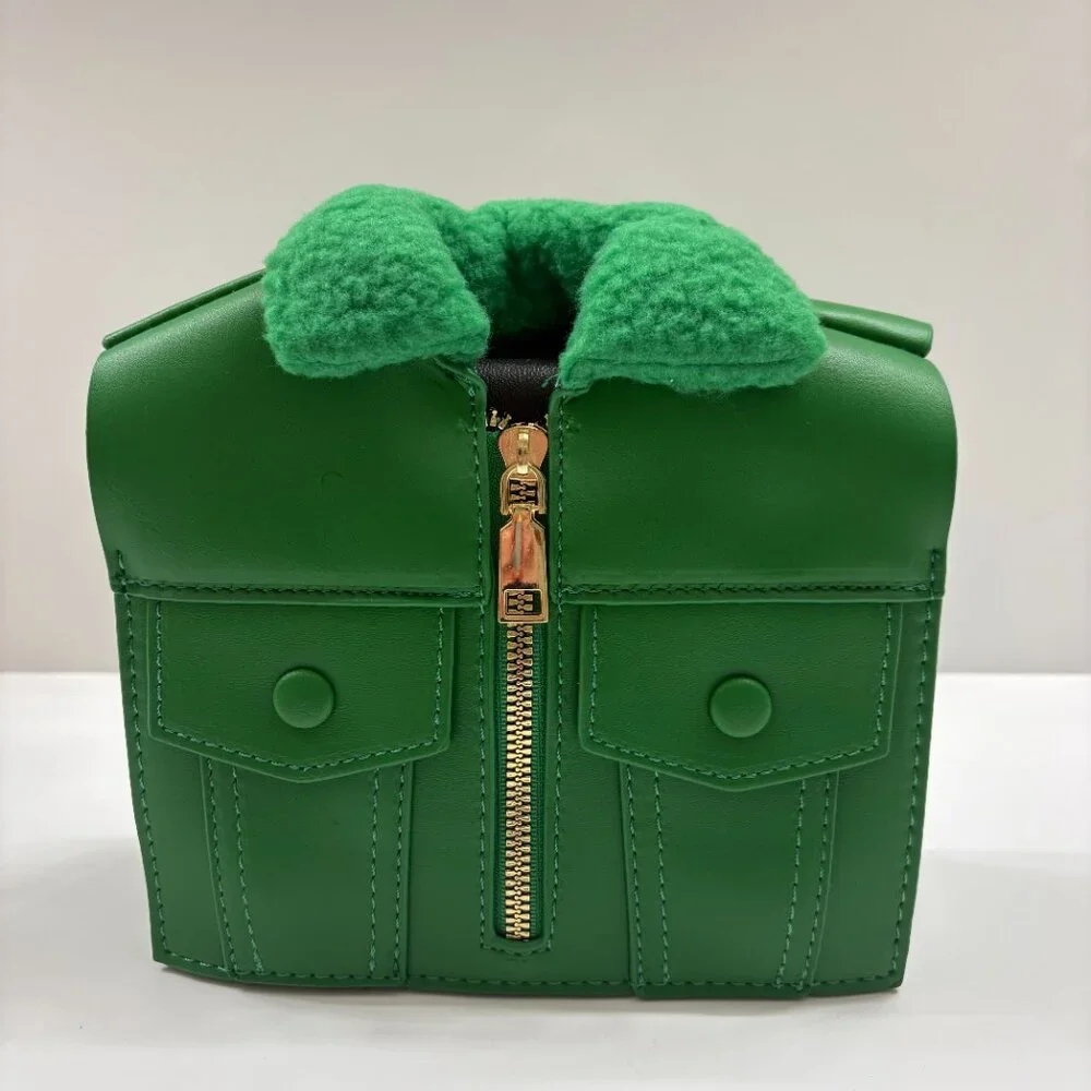 Jacket Shaped Crossbody Bag/ Faux Fur & Leather Coat Purse - Green - NWT - Picture 3 of 9